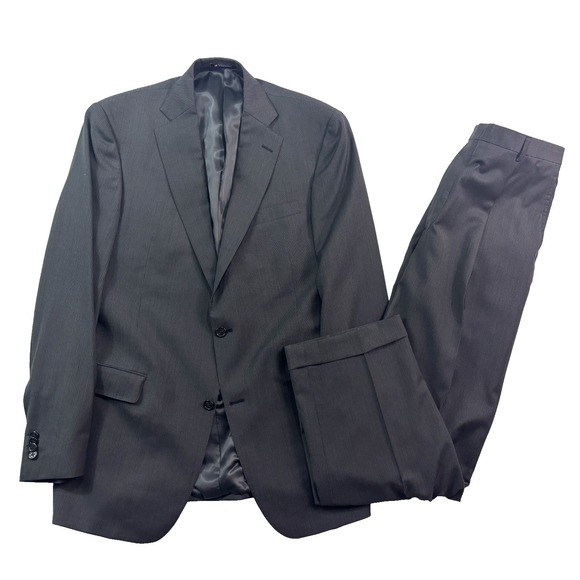 Hart Schaffner Marx 42L 34x32 Charcoal Black Stripe 2pc Pant Suit USA Wool Pleat
